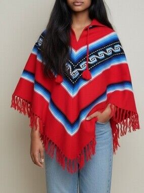 Vintage New Ecuadorian Red Southwestern Stripe Poncho with Fringe.